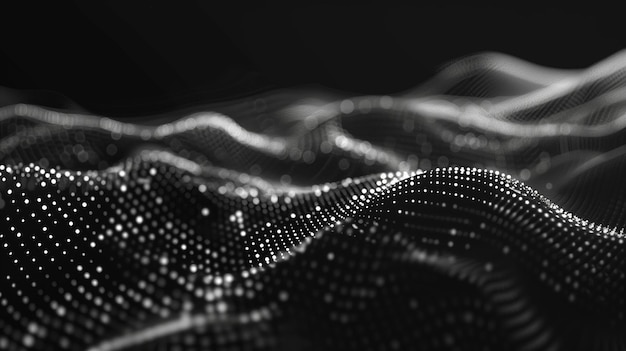 Black and white dots on a black background creating an abstract digital landscape