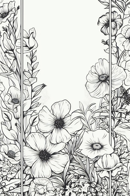 A black and white drawing of anemones and a frame.