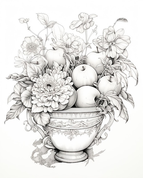 Black and White Drawing of Apples in the Basket