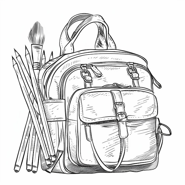 a black and white drawing of a backpack with a pencil and a pencil