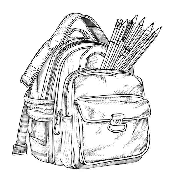 a black and white drawing of a backpack with pencils in it