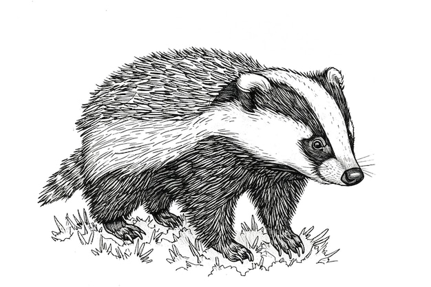 A black and white drawing of a badger walking through the grass