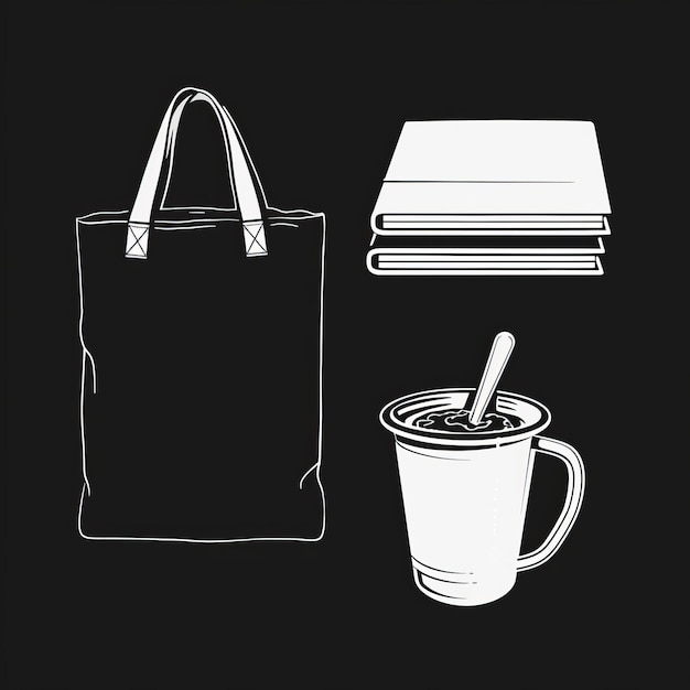 Photo a black and white drawing of a bag with a spoon in it