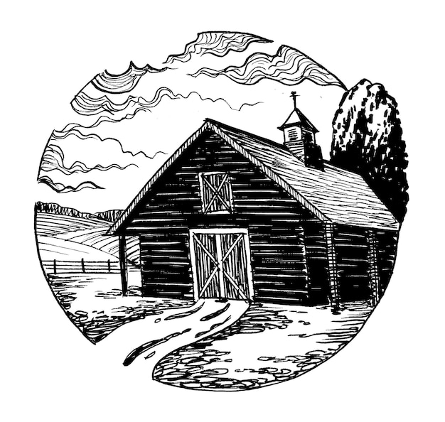 Photo a black and white drawing of a barn with a bell tower on the top.