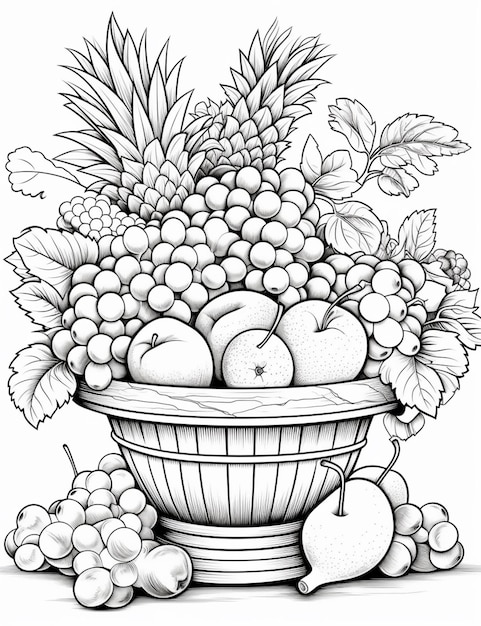 A black and white drawing of a basket of fruit generative ai