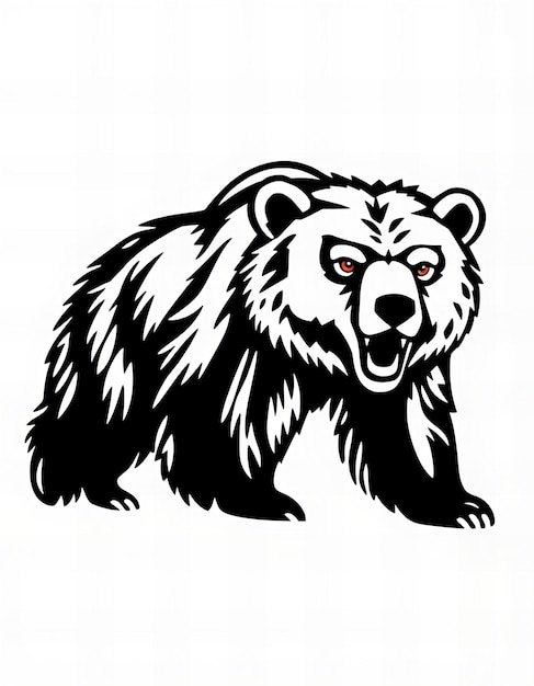 a black and white drawing of a bear with a big mouth