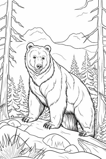 a black and white drawing of a bear in the woods generative ai