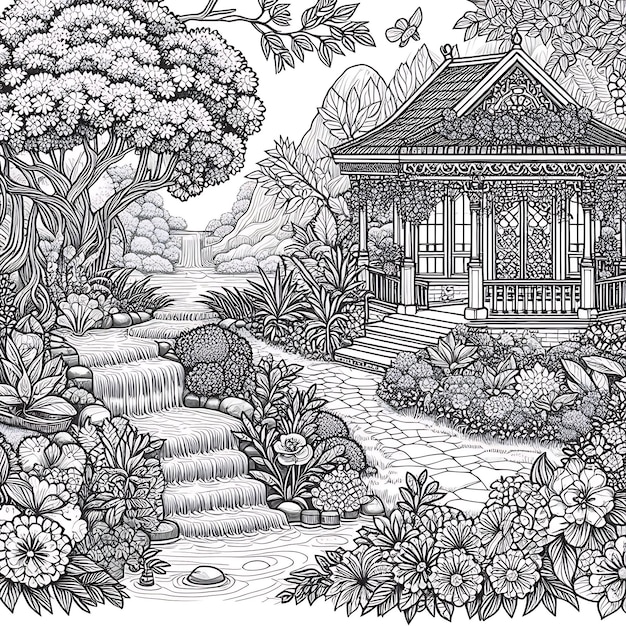 Photo black and white drawing of a beautiful garden