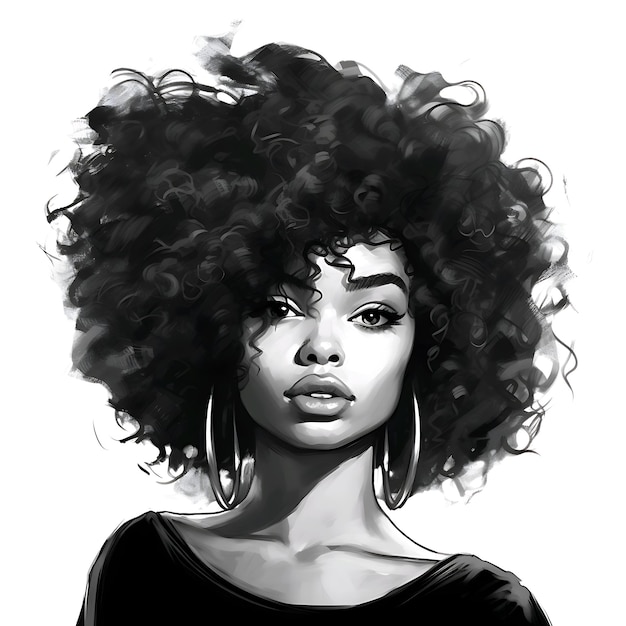 black and white drawing of a beautiful young girl with curly hair and a lush hairstyle