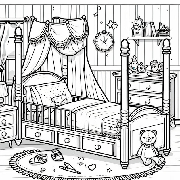 a black and white drawing of a bed with a teddy bear on the bottom