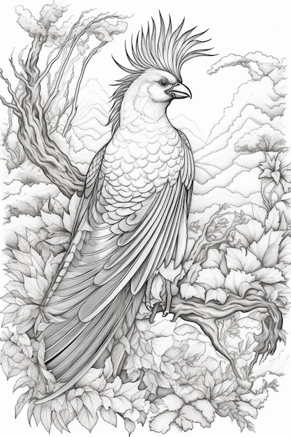 a black and white drawing of a bird sitting on a branch generative ai