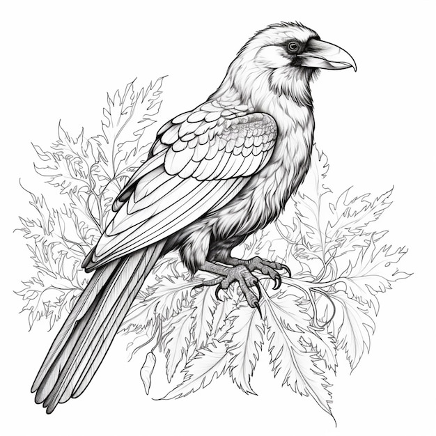 a black and white drawing of a bird sitting on a branch generative ai