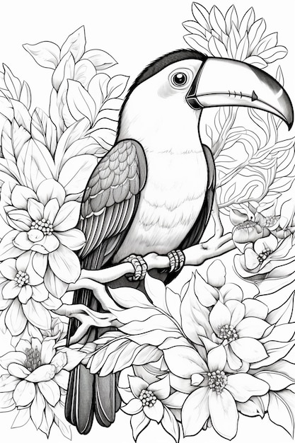 a black and white drawing of a bird sitting on a branch with flowers generative ai