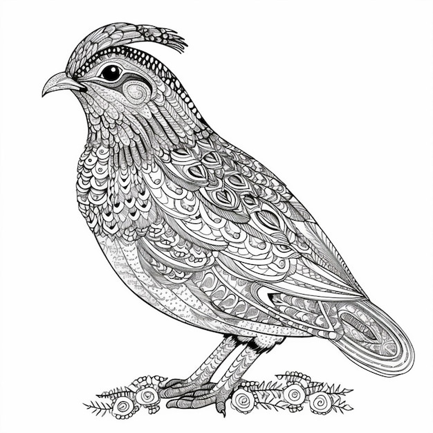 A black and white drawing of a bird with intricate patterns generative ai