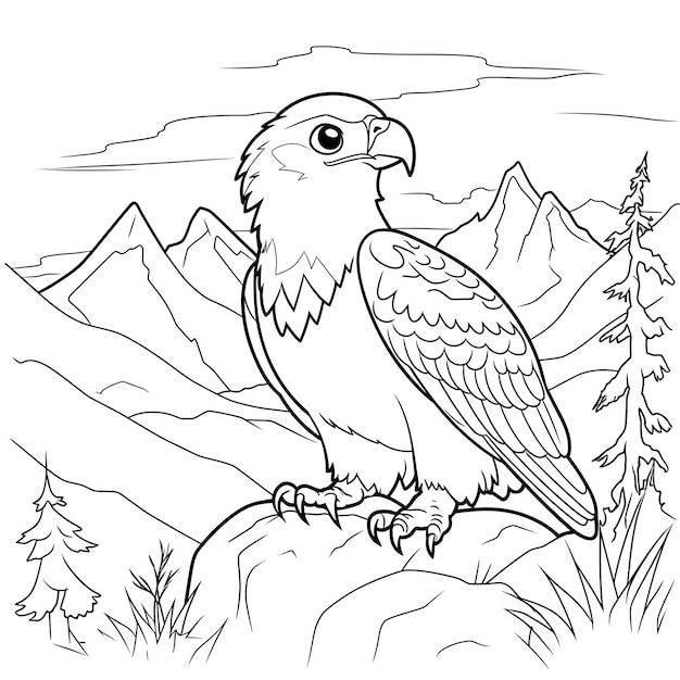 A black and white drawing of a bird with a mountain landscape in the background.