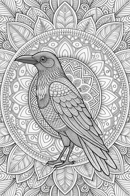 Photo a black and white drawing of a bird with a pattern of a bird on the background