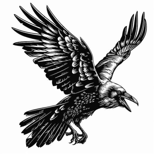 a black and white drawing of a bird with wings spread out