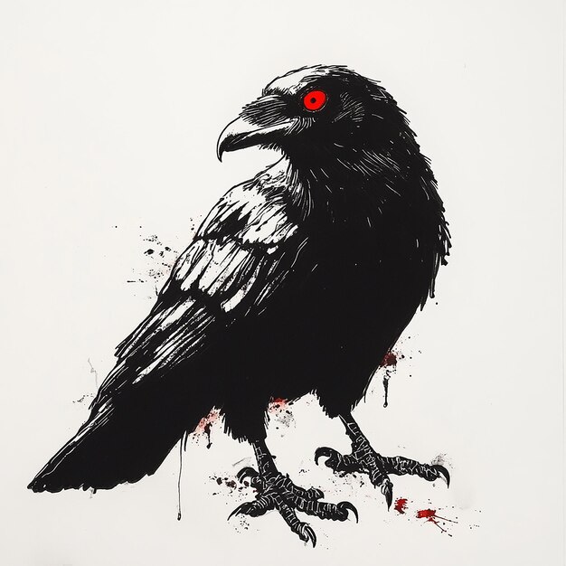 Photo a black and white drawing of a black bird with red eyes