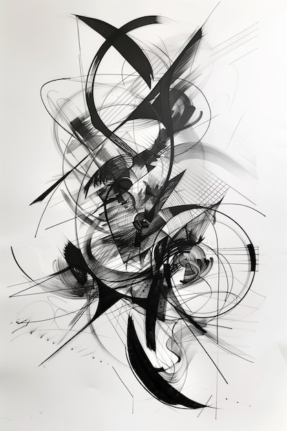 a black and white drawing of a black and white abstract art