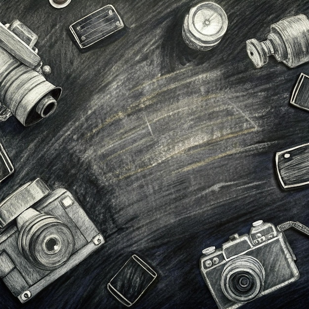 a black and white drawing of a black and white photo of a camera and some other images