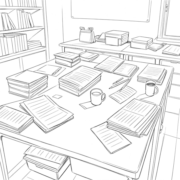 a black and white drawing of a book with books on the table and a picture of a book on the table