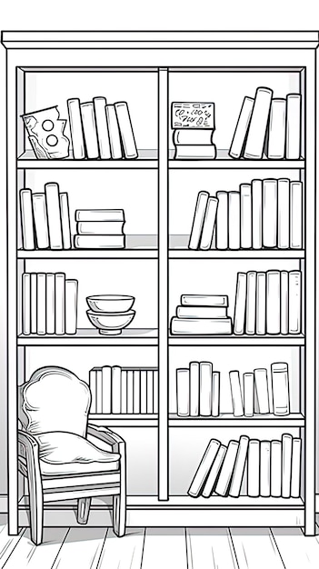 Photo a black and white drawing of a bookcase with books on the shelves