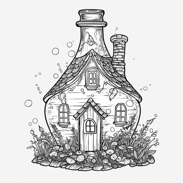 A black and white drawing of a bottle with a house inside generative ai