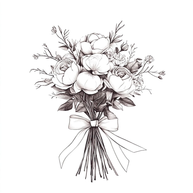 a black and white drawing of a bouquet of flowers