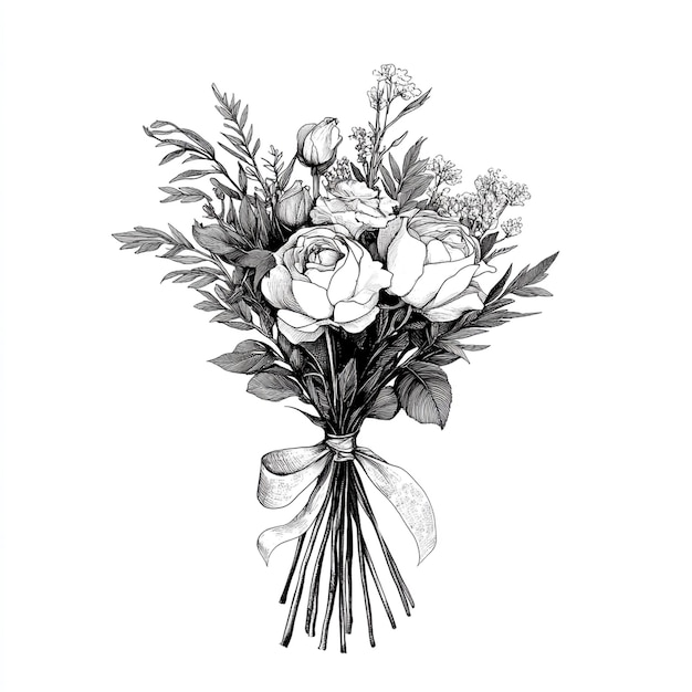 a black and white drawing of a bouquet of flowers