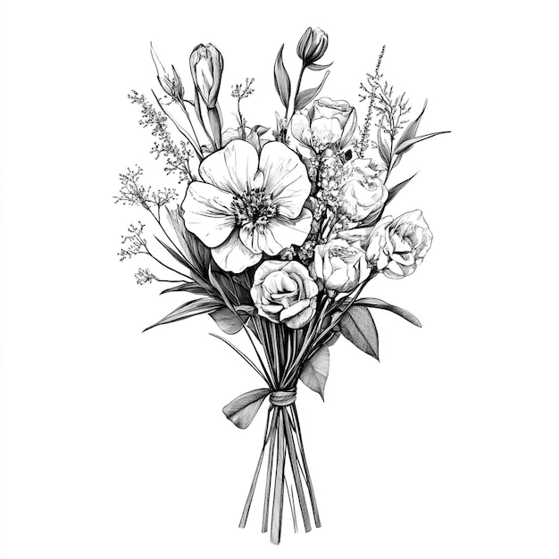 a black and white drawing of a bouquet of flowers