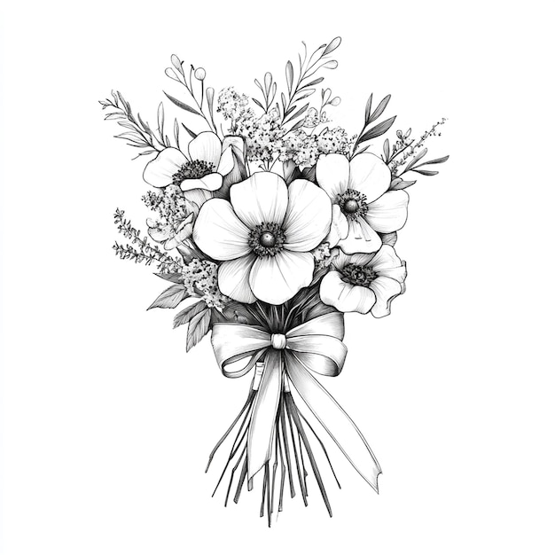 a black and white drawing of a bouquet of flowers