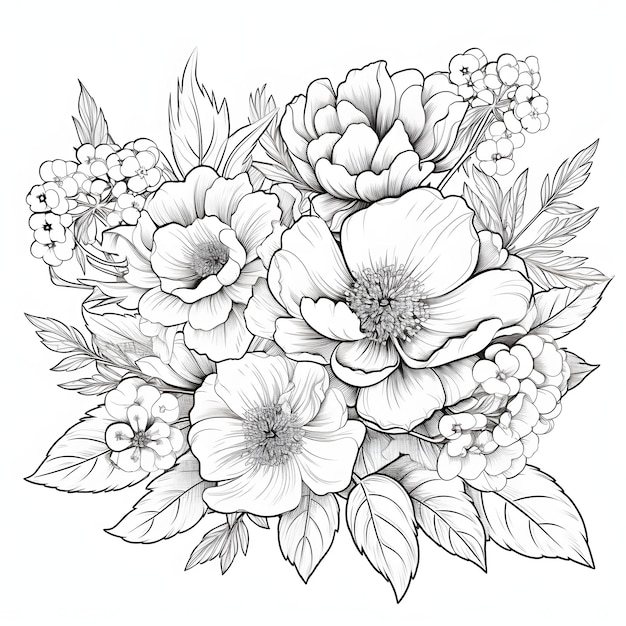 A black and white drawing of a bouquet of flowers.