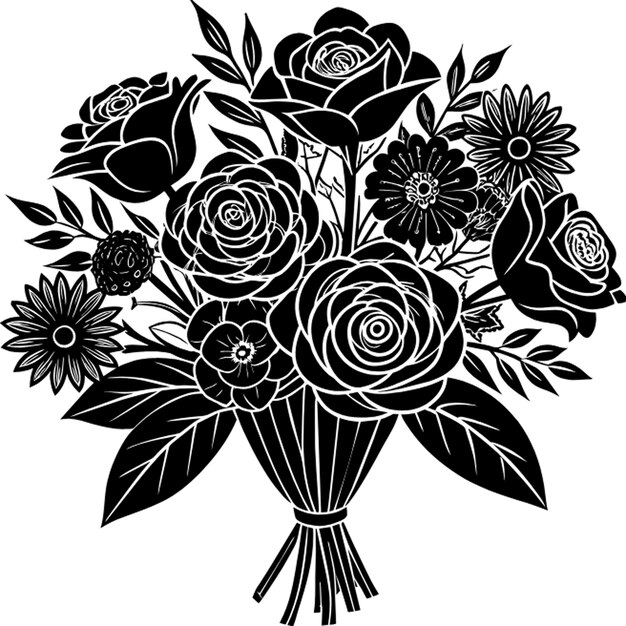 a black and white drawing of a bouquet of flowers