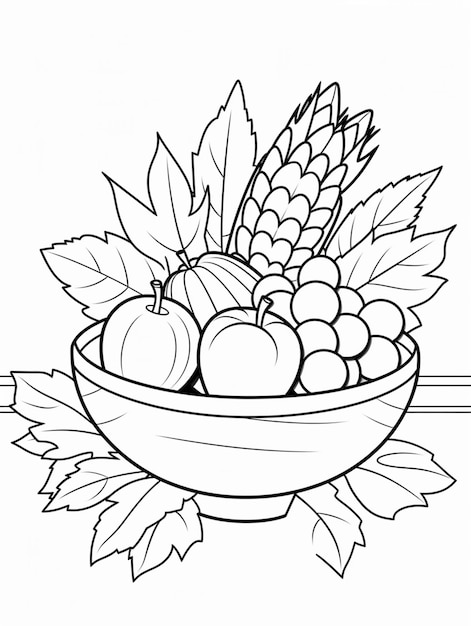 a black and white drawing of a bowl of fruit with leaves generative ai