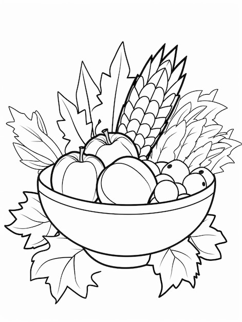 a black and white drawing of a bowl of fruit with leaves generative ai