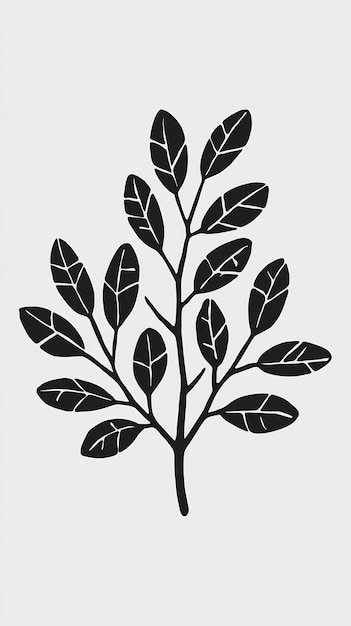 A black and white drawing of a branch with black leaves