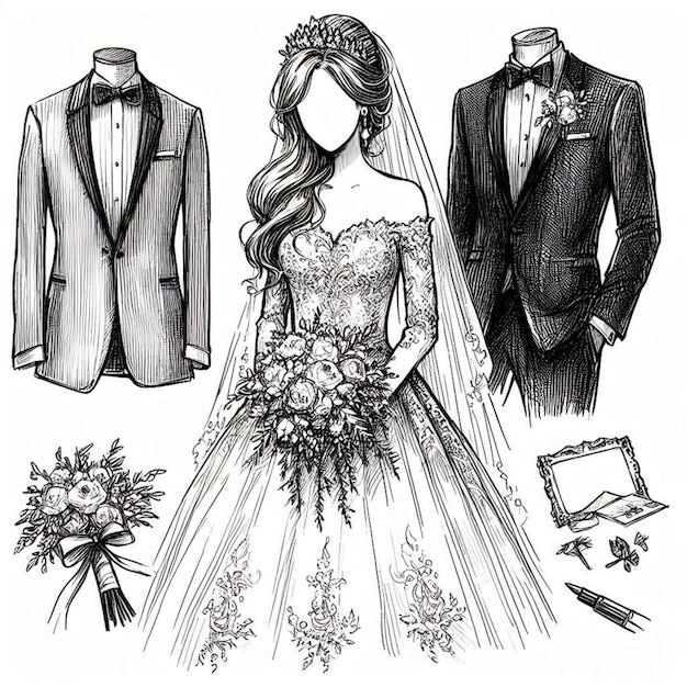 Photo a black and white drawing of a bride and groom