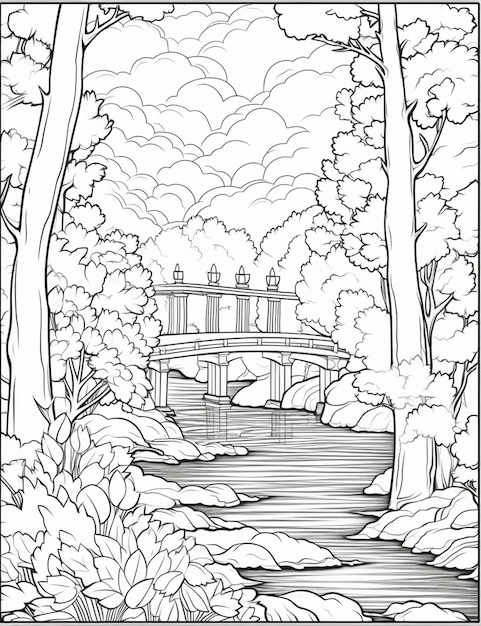 A black and white drawing of a bridge over a river generative ai