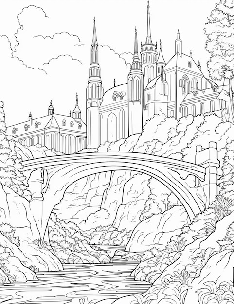 A black and white drawing of a bridge over a river generative ai