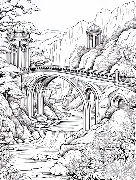 a black and white drawing of a bridge and a waterfall.