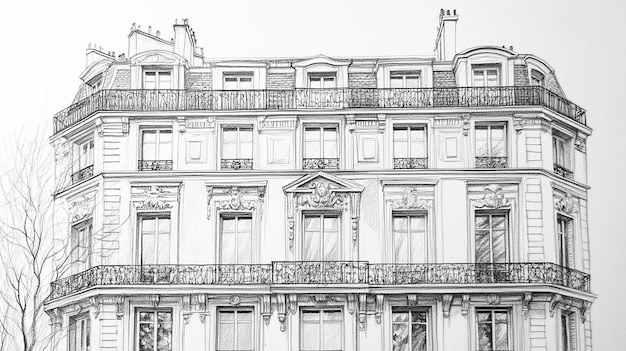 Photo a black and white drawing of a building with a balcony and a balcony