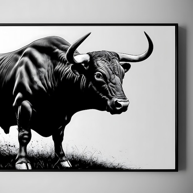 Photo a black and white drawing of a bull with horns