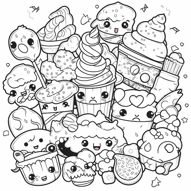 A black and white drawing of a bunch of different kinds of food generative ai