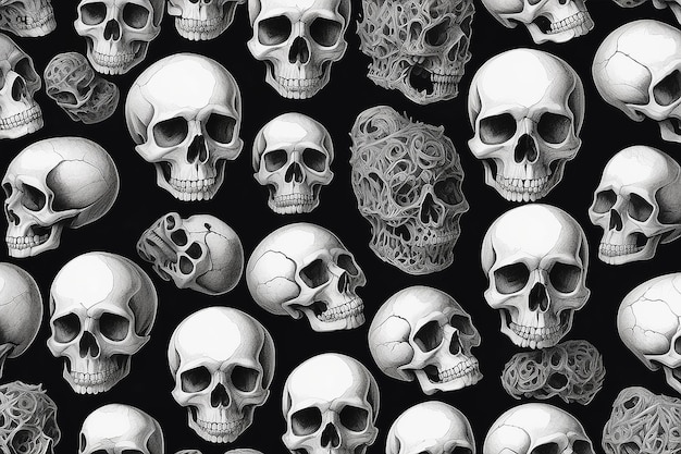 A black and white drawing of a bunch of skulls generative ai