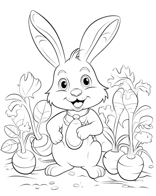 Photo a black and white drawing of a bunny with flowers and a picture of a rabbit