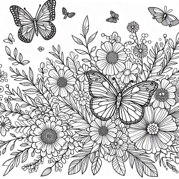 a black and white drawing of butterflies and butterflies