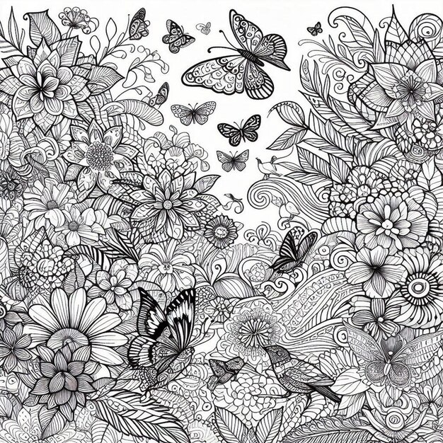 a black and white drawing of butterflies and butterflies