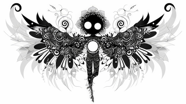 a black and white drawing of a butterfly with a flower in the middle