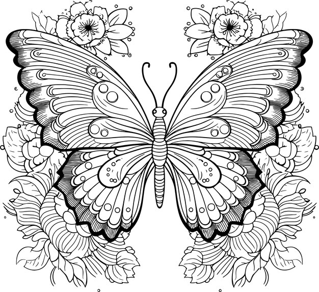 Photo a black and white drawing of a butterfly with flowers and butterflies