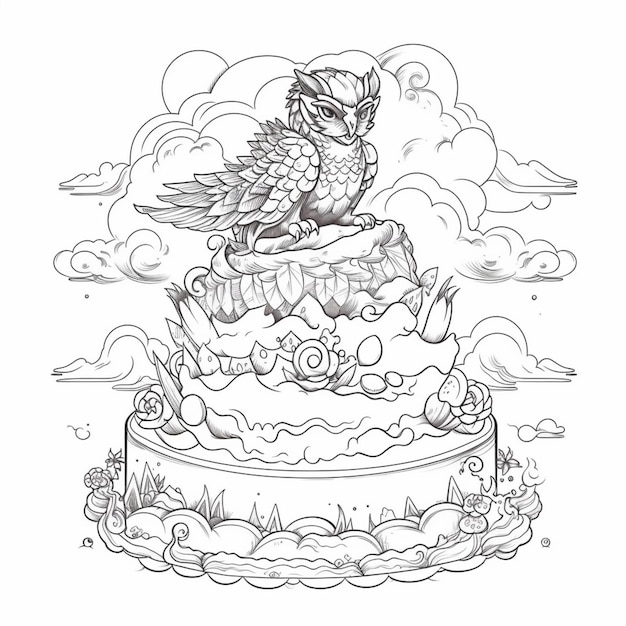 A black and white drawing of a cake with a bird on top generative ai